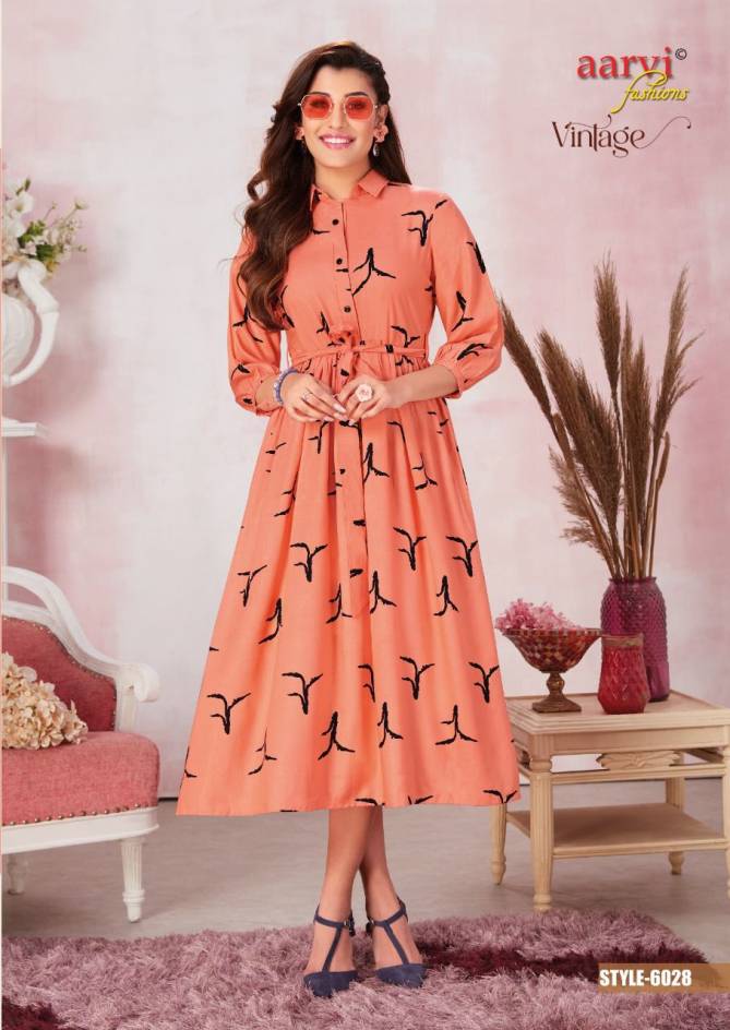 Aarvi Vintage 1 Fancy Party Wear Rayon Printed Designer Kurti Collection
